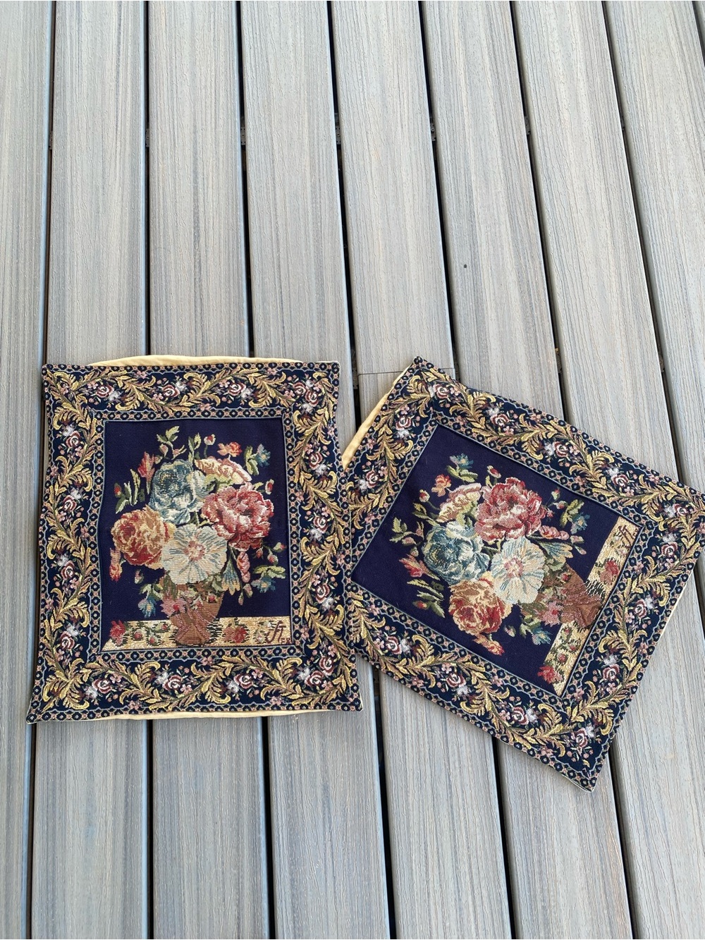 Vintage Navy Floral Tapestry Needle Point Throw Pillows with Gold Border